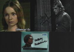 Dr Who signed collection. 3 small photos. David Troughton, Caroline Hunt and Geoffrey Cheshire. Good