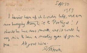 E M Forster handwritten note. Novelist. Good condition. All autographs come with a Certificate of