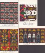 Gilbert and George, artists. Four dual signed 6x4 inch unused photo postcards. They are known for