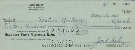 Jack Haley signed cheque. American actor, comedian, dancer, radio host, singer, drummer and