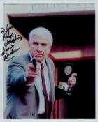 Leslie Nielsen signed 10x8inch colour photo. Dedicated. Good condition Est.