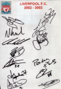Liverpool FC 2002/2003 signed team sheet. Signed by 13. Good condition Est.