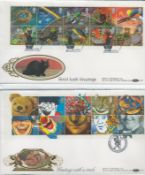 Benham FDC collection in red velvet folder, Good Luck Greetings, Greetings with a Smile, Centenary