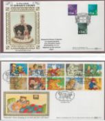 Benham FDC collection in red velvet folder, St Edwards Crown, The Marmalade Cat by Katherine Hale,