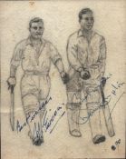 Bill Edrich and Denis Compton 7x6inch pencil illustration. Good condition. All autographs come