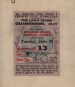 Wimbledon Lawn Tennis Championship 1937 multi signed centre court ticket signatures include