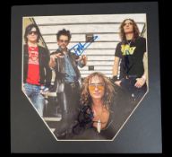 The Darkness multi signed 14x14inc mounted colour photo includes Justin Hawkins, Dan Hawkins,