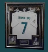 Football, Cristiano Ronaldo signed 40x32inch overall framed and mounted Real Madrid shirt complete