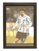 Football, Lionel Messi signed 13x10inch overall framed colour photo pictured in action for