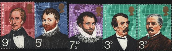 Mint Stamps five mint condition 5p,7 1/2p, 9p, 3p Francis Drake, Walter Raleigh, Charles Sturt,