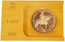5 ECO Coin Spain 1989 to commemorate EMP Carlos, Presented in a wooden box and wallet. We combine