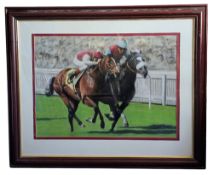 Horse Racing print by N.W.BUNYEE signed by artist in pencil 35x29 inch approx. Framed with glass. We