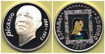 Picasso 1881-1973 front Commemorative Coin Espana 20 Euro 1997 back. We combine postage on