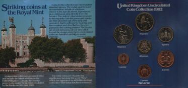Coins. United Kingdom Uncirculated Coin Collection 1982, 1/2P, 1P, 2P, 5P, 10P, 20P, 50P. Royal Mint
