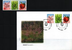 FDC Slovenian Peach Prunus persica L. 3 stamps plus double post marks 21.7.2001. Plus 3 mint