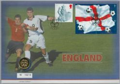 2002 England Football £1 coin, 1st stamp and Mini Sheet Cover, Postmarked Webley, Limited Edition