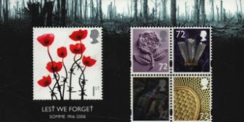 Postage Stamps GB Royal Mail Mini sheet, five Stamps 'Lest We Forget Somme 1916-2006'. Mint