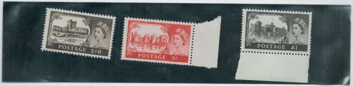 Uncirculated Mint Stamps Elizabeth II 1955 Castle High Value, GB 2/6, 5 shilling and £1. We