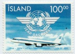 Iceland 100KR mint stamp, This stamp commemorates the 50th Anniversary of the ICAO 1944-1994. We