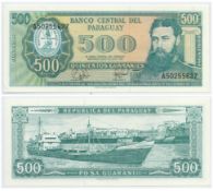 Uncirculated 500 Guaranies dated 1979 from Paraguay, with an A prefix, Excellent condition. We