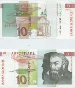2 Uncirculated Slovenian 10 Tolar Banknotes with consecutive serial numbers. We combine postage on