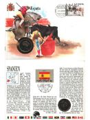 FDC Spanish bullfighting Commemorative Coin 25 PTAS. Double stamps plus double post marks 28 Apr