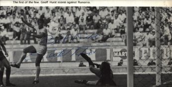 Sir Geoff Hurst MBE signed black and white magazine photo. Geoff Hurst scores against Romania 1970.