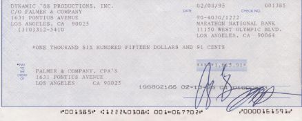 George Clooney signed Marathon National Bank Los Angeles cheque dated 02/08/95. George Timothy