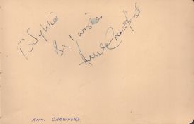 Ann Crawford signed 6x4inch approx album page . Jean Kent on the reverse side. Good condition Est.