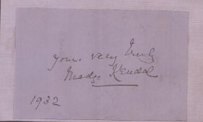 Dame Madge Kendal DBE signed card 6x4 inch in size. Dated 1932. Good condition Est.