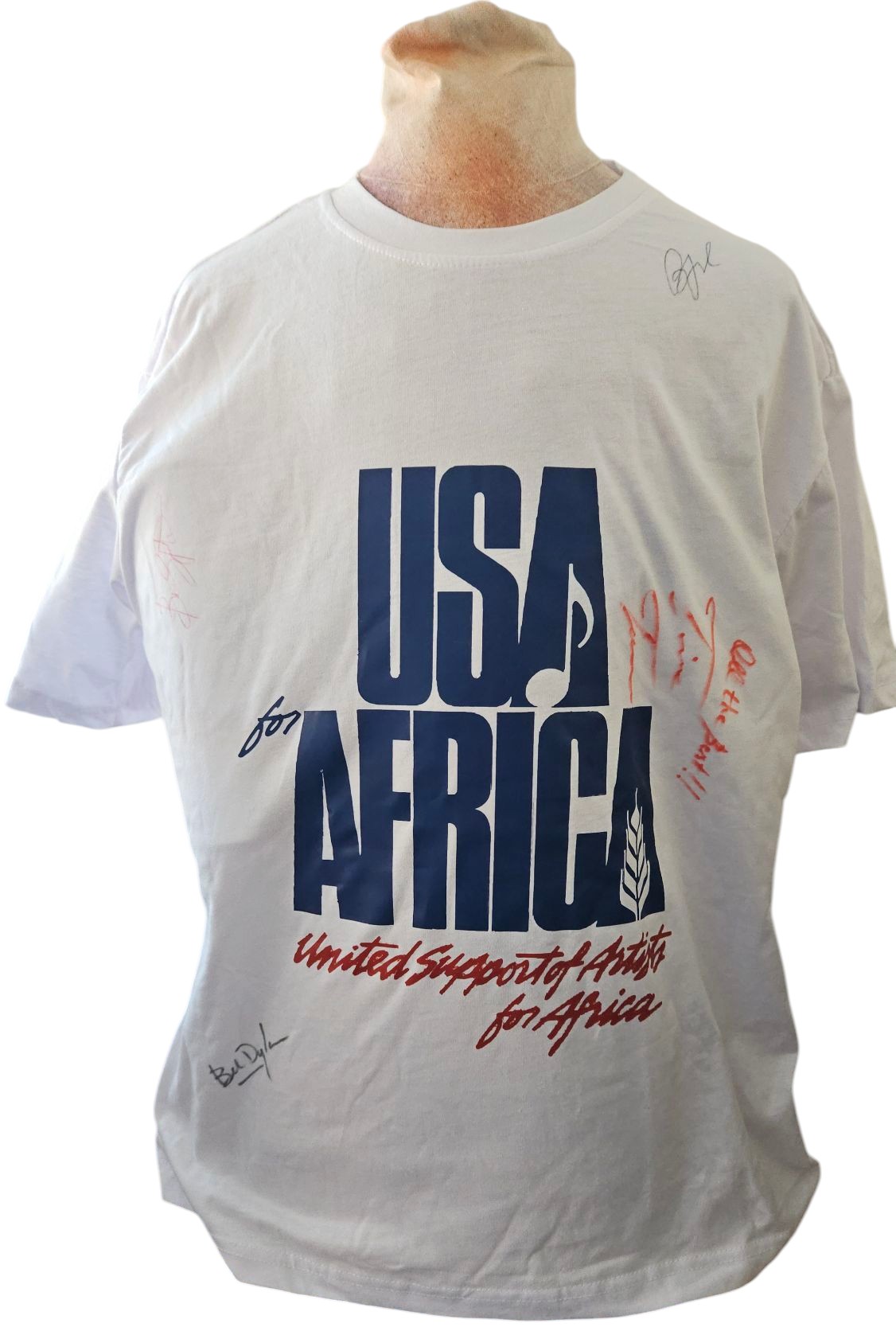 USA for Africa multi signed T shirt signatures include Bob Dylan, Bruce Springsteen, Bill Joel and