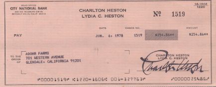 Charlton Heston signed City National Bank Beverly Hills cheque dated Jun 6 1978. American actor.