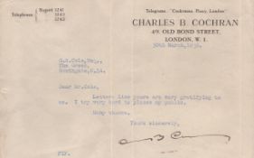 Charles B. Cochran TLS dated 30th March 1936. Good condition Est.