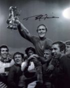 Ron Harris signed 10x8 inch black and white photo pictured celebrating with FA Cup while captain