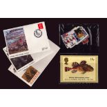 FDC and stamp collection 3 unsigned FDCs, 7 stamp postcards and assorted loose stamps. May yield