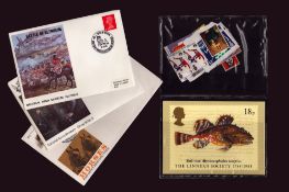 FDC and stamp collection 3 unsigned FDCs, 7 stamp postcards and assorted loose stamps. May yield