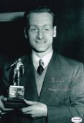 Autographed TOM FINNEY 12 x 8 photo : B/W, depicting Preston North End winger TOM FINNEY posing with