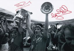 Autographed MAN UNITED 1977 12 x 8 photos : A lot of x 3 b/w photos depicting celebratory images