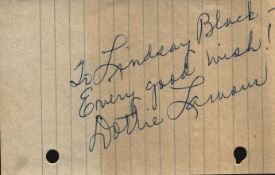 Dorothy Lamour signed 5x3inch album page. Good condition. All autographs come with a Certificate