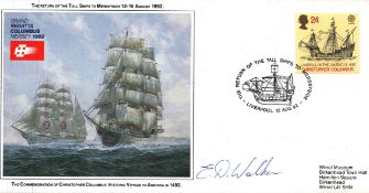 E D Walker signed The return of the tall ships to Merseyside FDC. Good condition. All autographs