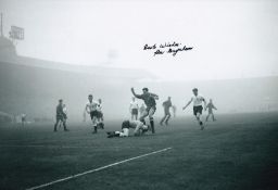 Autographed RON BAYNHAM 12 x 8 photo : B/W, depicting England goalkeeper RON BAYNHAM diving at the