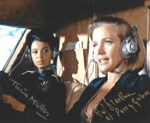 Honor Blackman and Trisha Muller signed James Bond Goldfinger 10x8inch colour photo. Good condition.