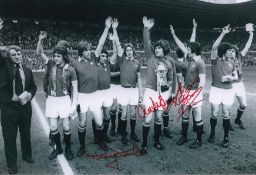 Autographed MAN UNITED 12 x 8 photo : B/W, depicting Manchester United's 1974/75 Second Division