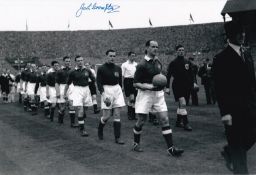 Autographed JACK CROMPTON 12 x 8 photo : B/W, depicting Man United manager Matt Busby leading his