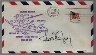 Astronaut Fred Gregory signed Shuttle Orbiter Enterprise arrives at Kennedy Space center April 10,