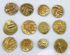 Twelve Indian Mughal style gold coins, test electr
