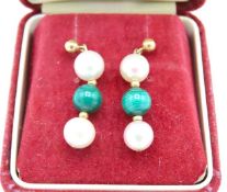 A pair of 9ct gold mounted pearl & malachite earri