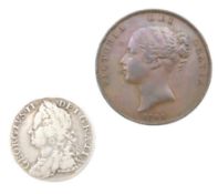 An 1844 Victoria bun head penny twinned with a Geo
