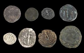 Eight Roman/Greek antiquated coins including silver: Arados in Phoenicia 1/12 slater, Merovigian Den