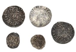 Five Henry coins including Henry V penny, Henry II